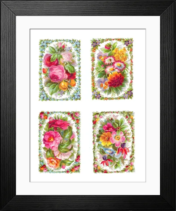 Framed Print : Assorted flowers on four Victorian scraps Framed Print : Assorted flowers on four Victorian scraps
