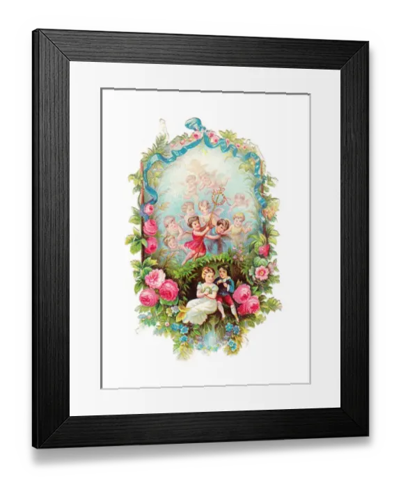 Framed Print : Cupids and flowers on a romantic Victorian scrap Framed Print : Cupids and flowers on a romantic Victorian scrap