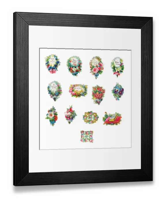Framed Print : Flowers with greetings on thirteen romantic Victorian scraps Framed Print : Flowers with greetings on thirteen romantic Victorian scraps