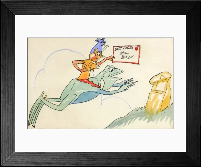 Framed Print : Hand-drawn Greetings Card - Gnome riding a frog Framed Print : Hand-drawn Greetings Card - Gnome riding a frog
