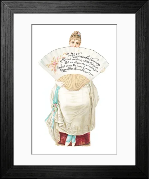 Framed Print : Christmas card in the shape of a woman holding a fan Framed Print : Christmas card in the shape of a woman holding a fan