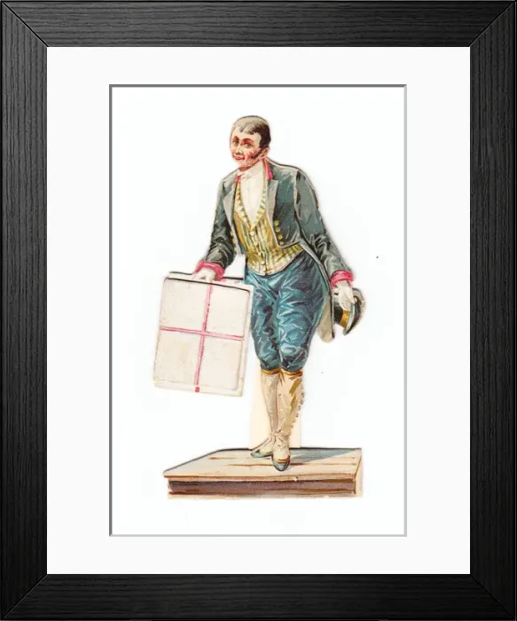 Framed Print : Greetings card in the shape of a footman with a parcel Framed Print : Greetings card in the shape of a footman with a parcel