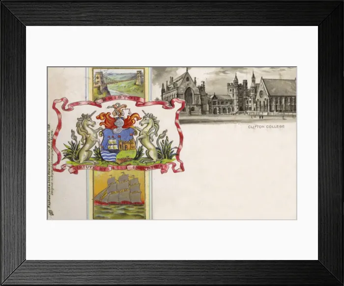 Framed Print : The Coat of Arms of Bristol and view of Clifton College Framed Print : The Coat of Arms of Bristol and view of Clifton College