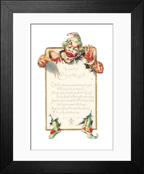 Framed Print : Christmas card with a clown breaking through Framed Print : Christmas card with a clown breaking through