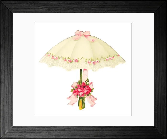 Framed Print : Pink roses and a white parasol on a cutout card Framed Print : Pink roses and a white parasol on a cutout card