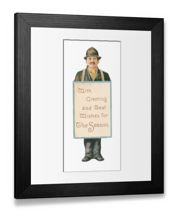 Framed Print : Sandwich board man on a Victorian Christmas card Framed Print : Sandwich board man on a Victorian Christmas card