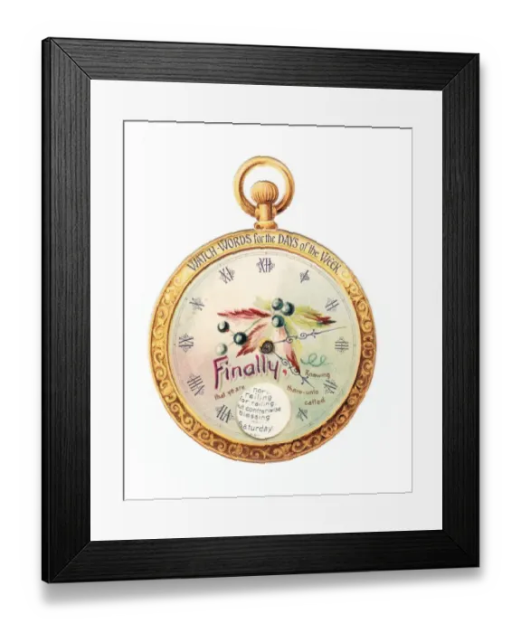 Framed Print : Watch words on a circular greetings card Framed Print : Watch words on a circular greetings card