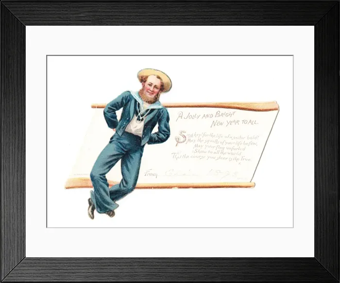Framed Print : Sailor dancing on a cutout New Year card Framed Print : Sailor dancing on a cutout New Year card