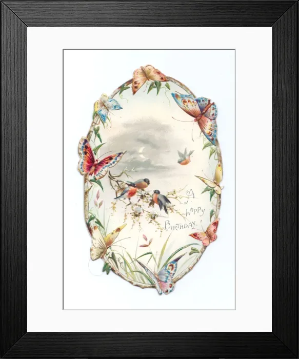Framed Print : Birthday card with birds and butterflies Framed Print : Birthday card with birds and butterflies