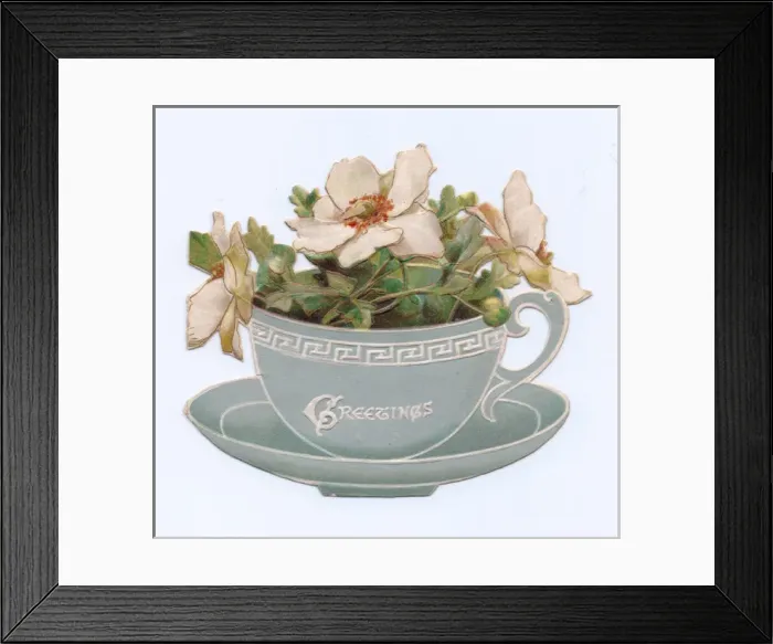 Framed Print : Cup of white flowers on a Victorian greetings card Framed Print : Cup of white flowers on a Victorian greetings card