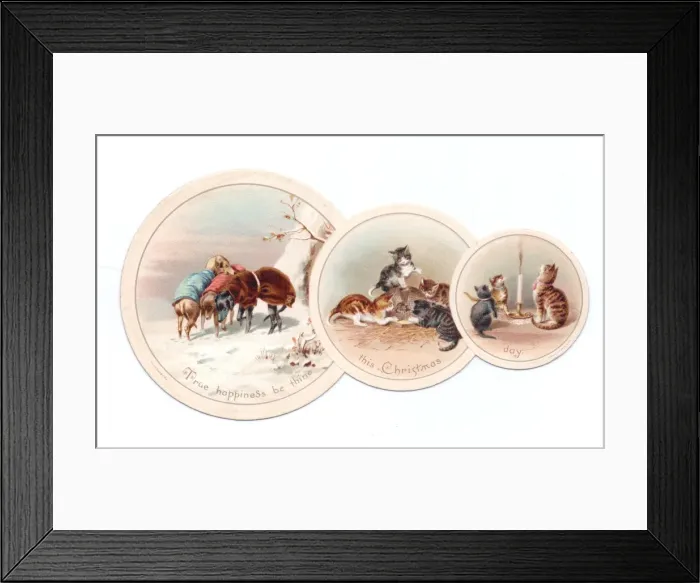 Framed Print : Cats and dogs on a three-part Christmas card Framed Print : Cats and dogs on a three-part Christmas card