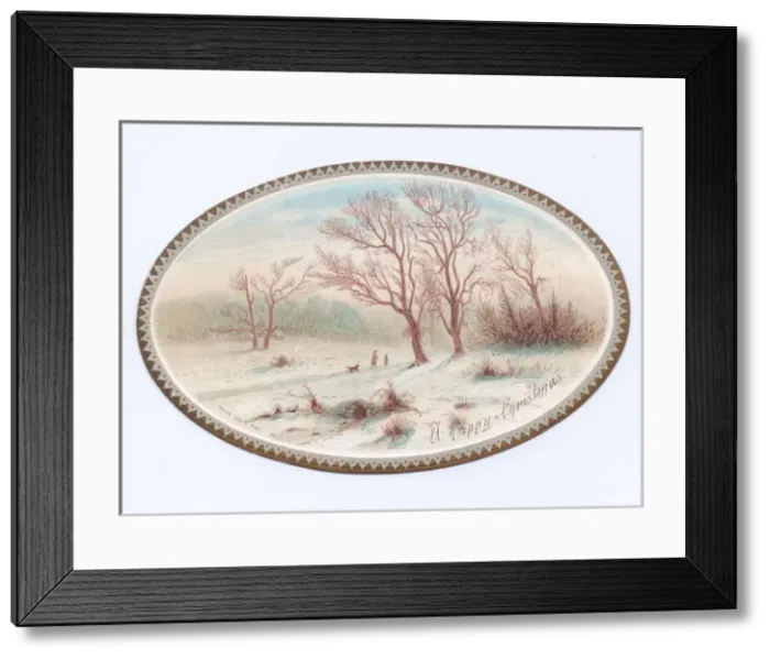 Framed Print : Snow scene on an oval Christmas card Framed Print : Snow scene on an oval Christmas card