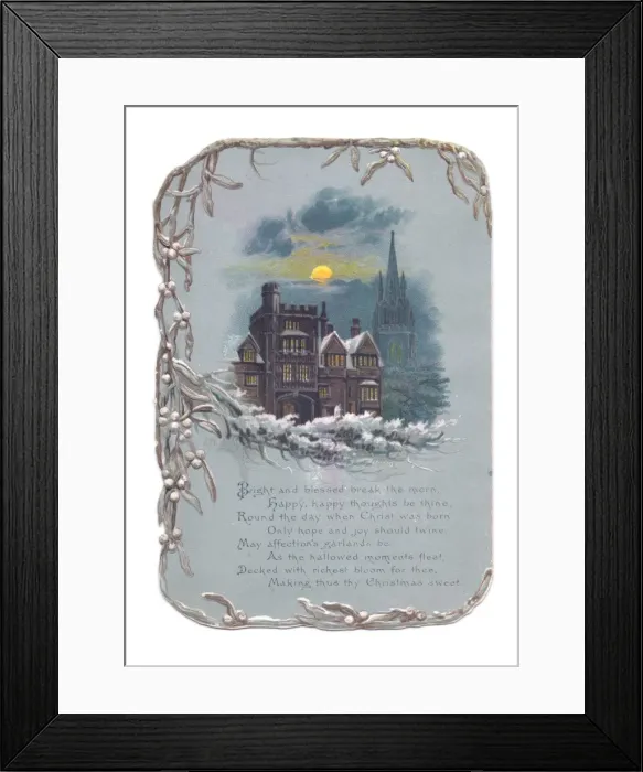 Framed Print : Snow scene with mistletoe border on a Christmas card Framed Print : Snow scene with mistletoe border on a Christmas card