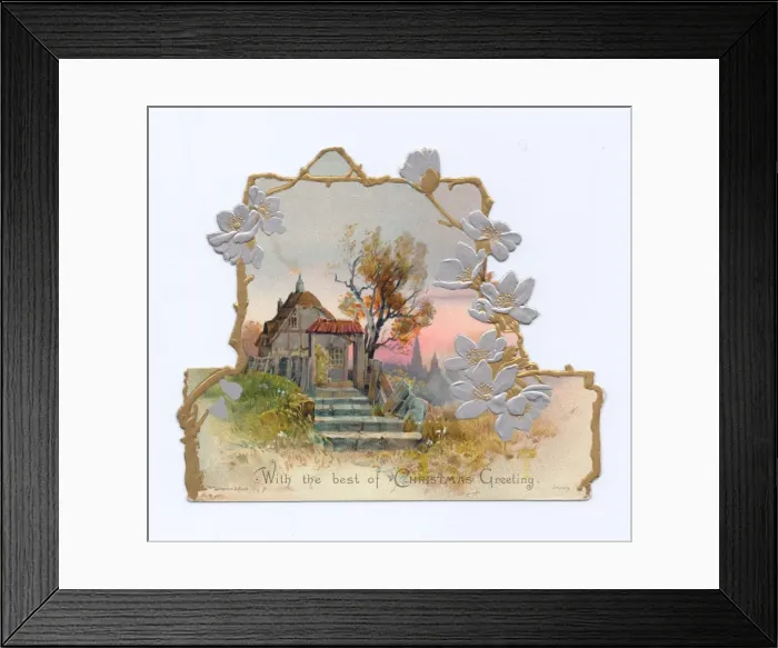 Framed Print : Cottage with flowery border on a Christmas card Framed Print : Cottage with flowery border on a Christmas card