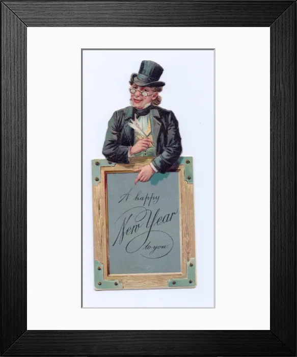 Framed Print : Man with picture frame on a cutout New Year card Framed Print : Man with picture frame on a cutout New Year card