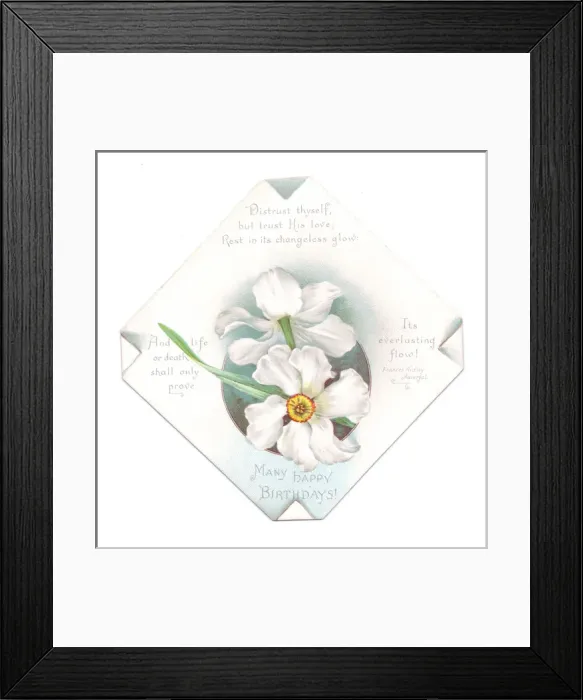Framed Print : White flowers on a religious birthday card Framed Print : White flowers on a religious birthday card