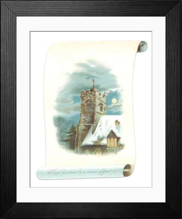 Framed Print : Church in moonlight on a Christmas card Framed Print : Church in moonlight on a Christmas card