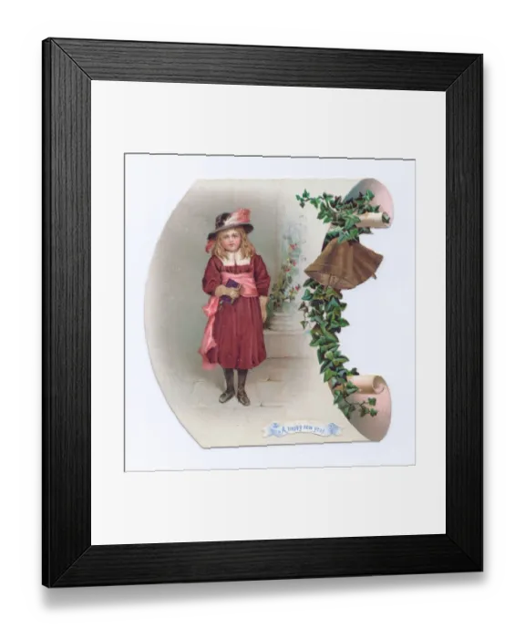 Framed Print : Little girl on a scroll-shaped New Year card Framed Print : Little girl on a scroll-shaped New Year card