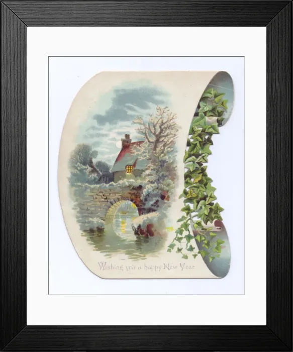 Framed Print : Country scene on a scroll-shaped New Year card Framed Print : Country scene on a scroll-shaped New Year card