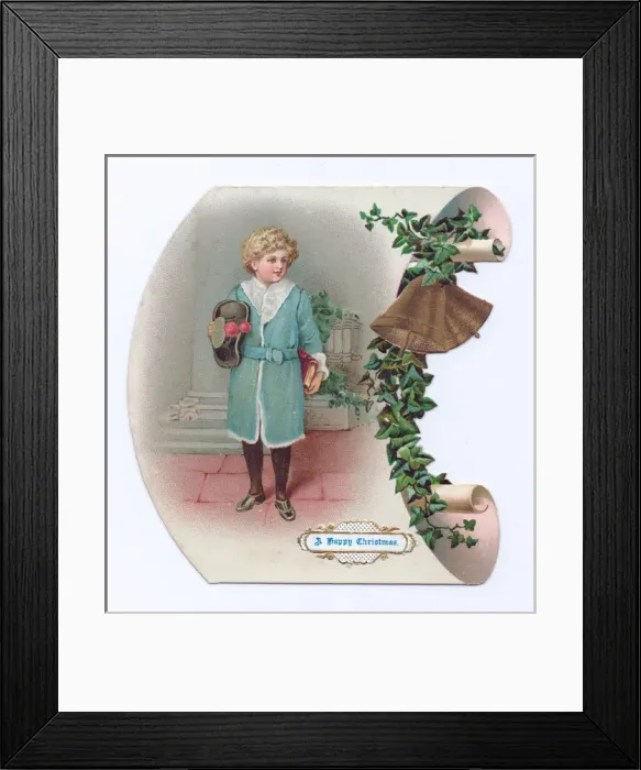 Framed Print : Little boy on a scroll-shaped Christmas card Framed Print : Little boy on a scroll-shaped Christmas card