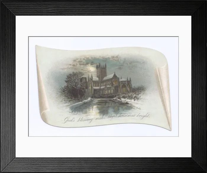 Framed Print : Snow scene on a scroll-shaped Christmas card Framed Print : Snow scene on a scroll-shaped Christmas card