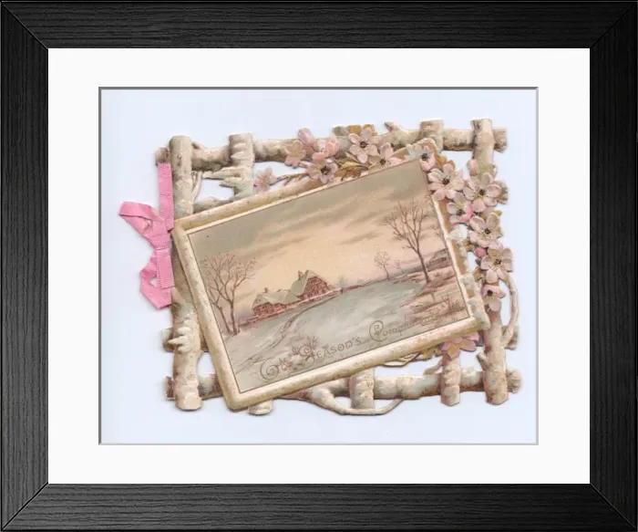 Framed Print : Snow scene with decorative border on a Christmas card Framed Print : Snow scene with decorative border on a Christmas card