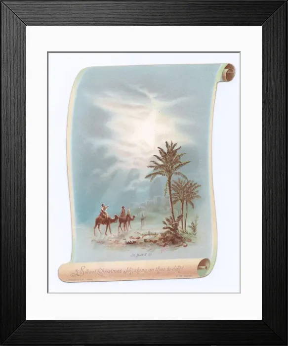 Framed Print : Three Kings scene on a scroll-shaped Christmas card Framed Print : Three Kings scene on a scroll-shaped Christmas card