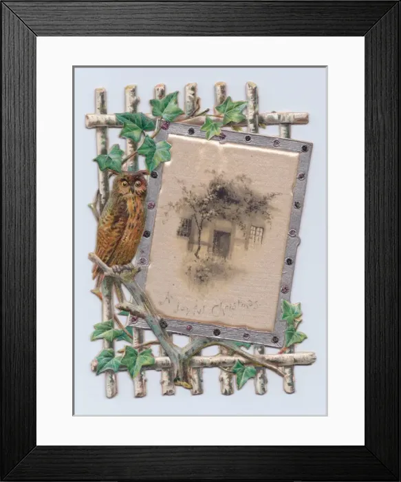 Framed Print : Owl, ivy and trellis on a cutout Christmas card Framed Print : Owl, ivy and trellis on a cutout Christmas card