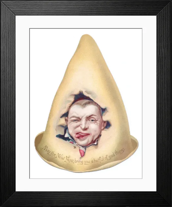 Framed Print : Clowns face on a hat-shaped Christmas card Framed Print : Clowns face on a hat-shaped Christmas card
