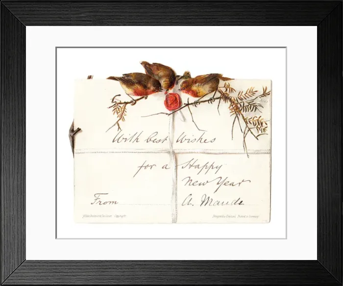 Framed Print : Robins and envelope on a New Year card Framed Print : Robins and envelope on a New Year card