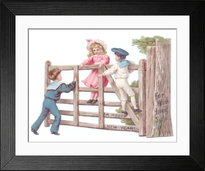 Framed Print : Children on a fence on a cutout New Year card Framed Print : Children on a fence on a cutout New Year card