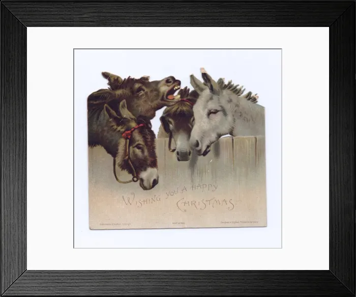 Framed Print : Four donkeys on a cutout Christmas card Framed Print : Four donkeys on a cutout Christmas card