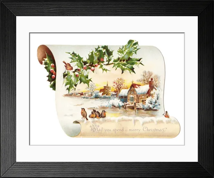 Framed Print : Robins on a scroll-shaped Christmas card Framed Print : Robins on a scroll-shaped Christmas card