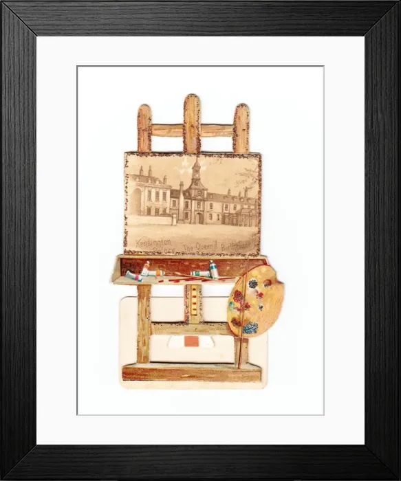 Framed Print : Easel, painting and artists palette on a greetings card Framed Print : Easel, painting and artists palette on a greetings card