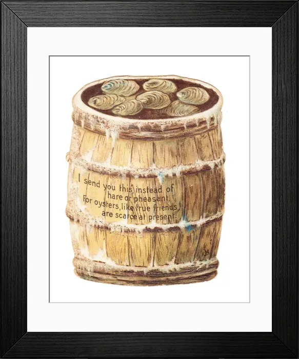 Framed Print : Christmas card in the shape of a barrel of oysters Framed Print : Christmas card in the shape of a barrel of oysters