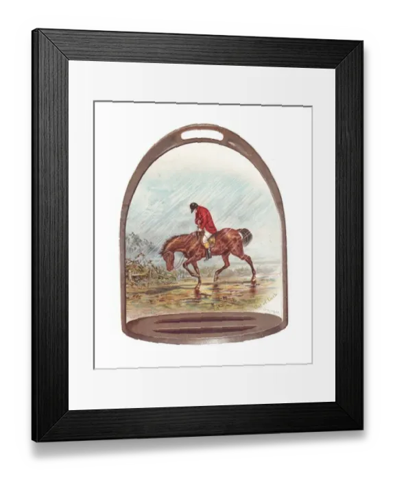 Framed Print : Hunting scene on a stirrup-shaped greetings card Framed Print : Hunting scene on a stirrup-shaped greetings card