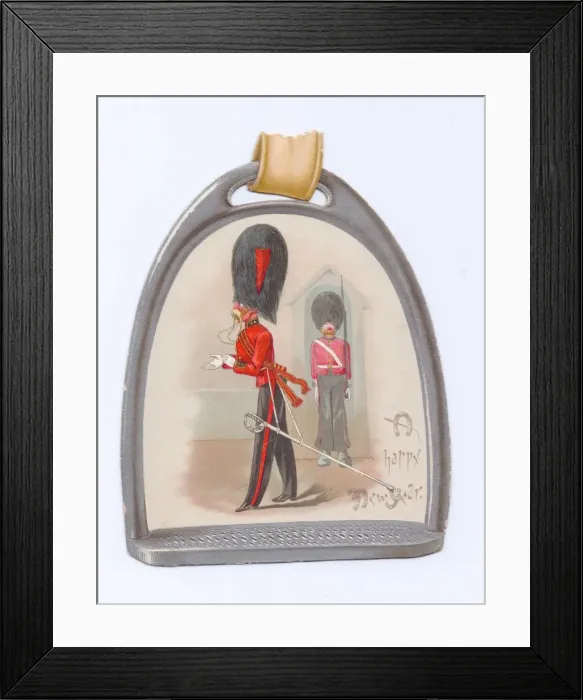 Framed Print : Two soldiers on a stirrup-shaped New Year card Framed Print : Two soldiers on a stirrup-shaped New Year card