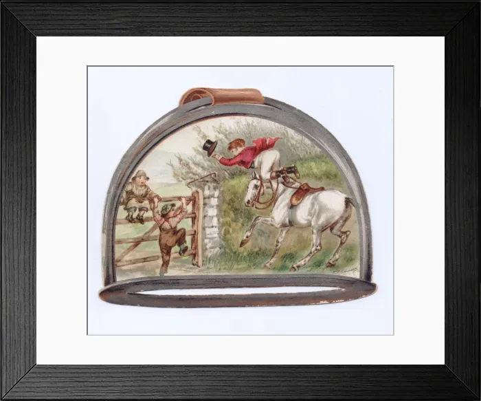Framed Print : Hunting scene on a stirrup-shaped greetings card Framed Print : Hunting scene on a stirrup-shaped greetings card