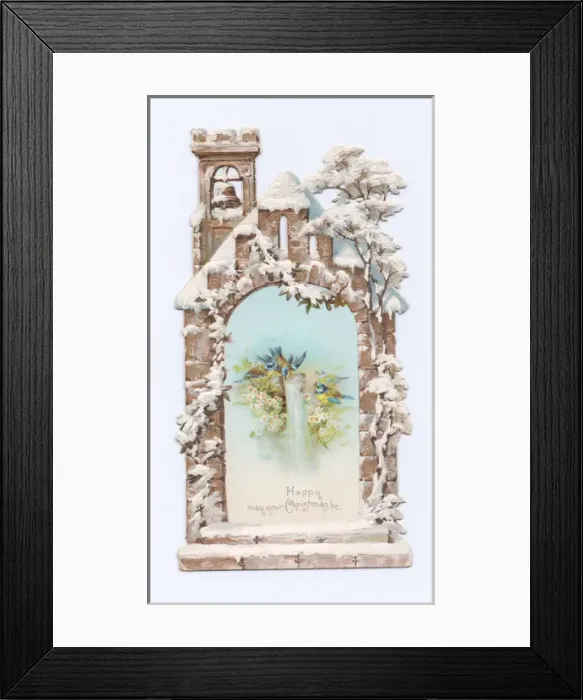 Framed Print : Birds with flowers and church on a Christmas card Framed Print : Birds with flowers and church on a Christmas card