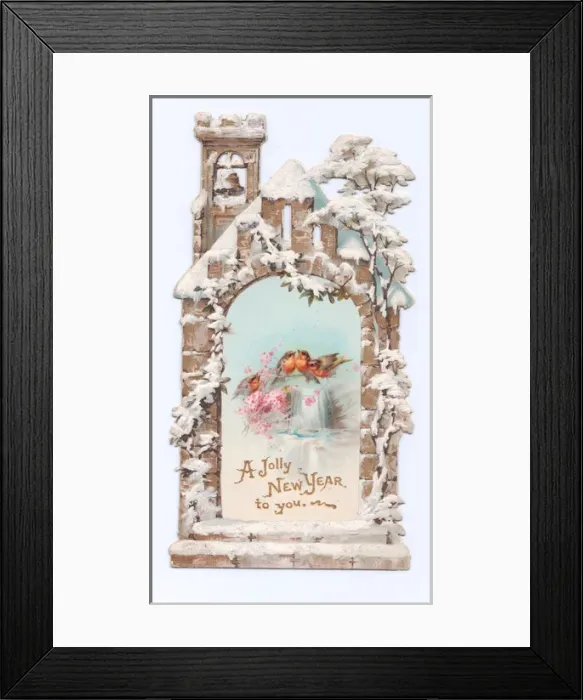 Framed Print : Robins with flowers and church on a New Year card Framed Print : Robins with flowers and church on a New Year card
