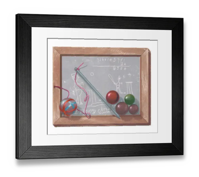 Framed Print : Childs slate with pen and baubles on a Christmas card Framed Print : Childs slate with pen and baubles on a Christmas card