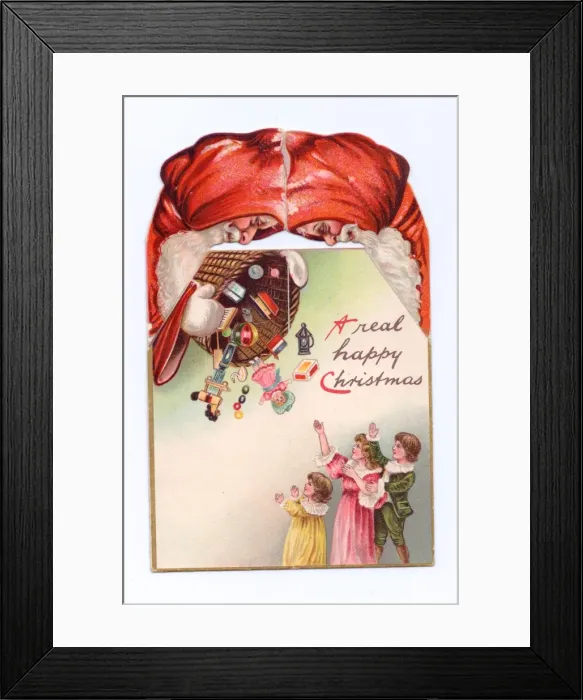 Framed Print : Christmas card, Father Christmas delivering presents Framed Print : Christmas card, Father Christmas delivering presents