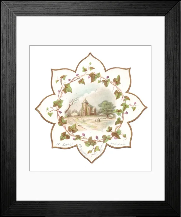 Framed Print : Country church with ivy leaves on a Christmas card Framed Print : Country church with ivy leaves on a Christmas card