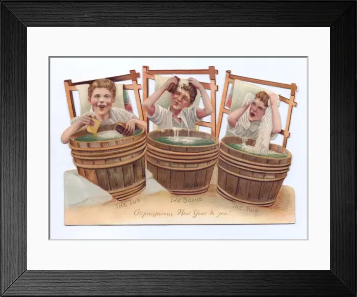 Framed Print : Three boys washing on a New Year card Framed Print : Three boys washing on a New Year card
