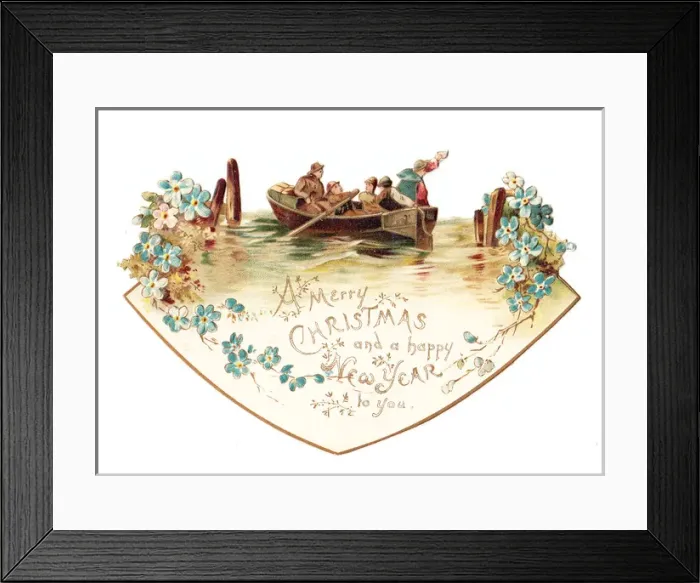 Framed Print : Boys in a boat on a cutout Christmas and New Year card Framed Print : Boys in a boat on a cutout Christmas and New Year card