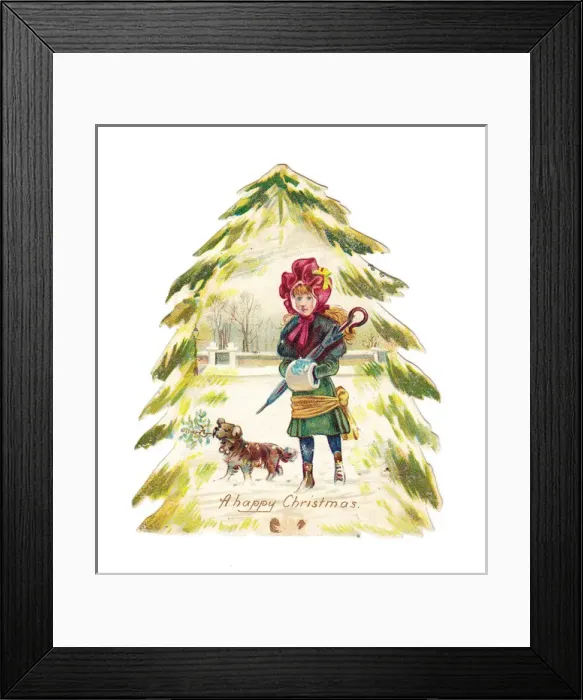 Framed Print : Little girl and dog on a tree-shaped Christmas card Framed Print : Little girl and dog on a tree-shaped Christmas card