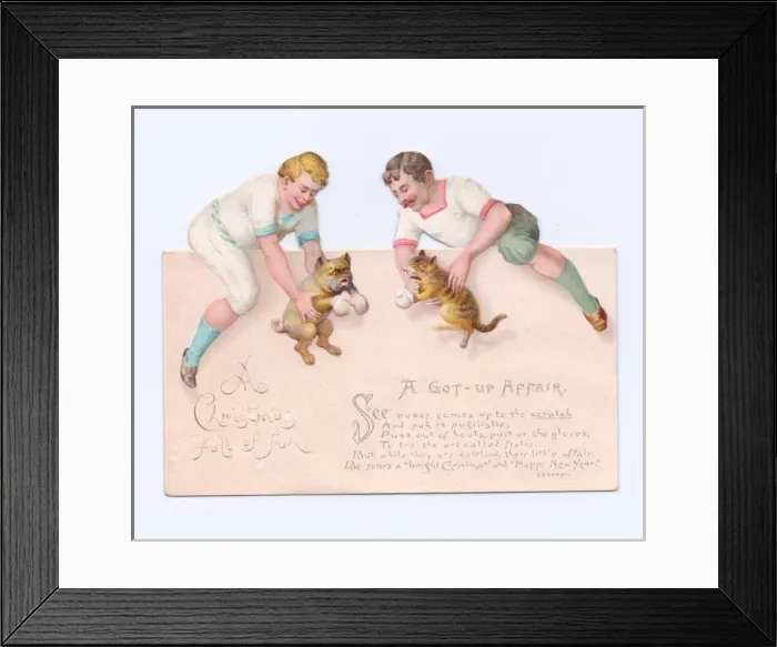 Framed Print : Two men with cat and dog on a cutout Christmas card Framed Print : Two men with cat and dog on a cutout Christmas card