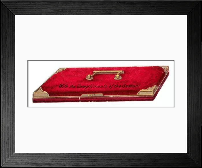 Framed Print : Glove box with greeting on a Victorian Christmas card Framed Print : Glove box with greeting on a Victorian Christmas card