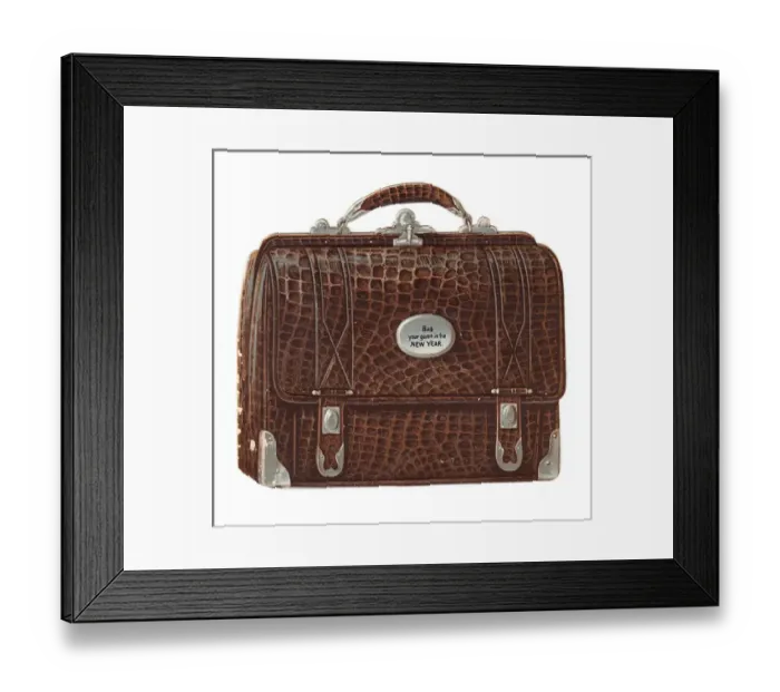 Framed Print : New Year card in the shape of a leather briefcase Framed Print : New Year card in the shape of a leather briefcase