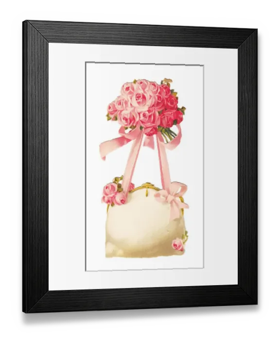 Framed Print : Pink roses and a white handbag on a cutout card Framed Print : Pink roses and a white handbag on a cutout card